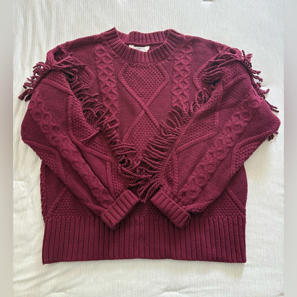Time and Tru Maroon Sweater with Fringe Accents